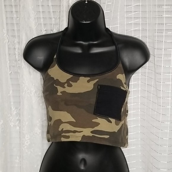Handmade Tops - Camo Tshirt Halter Crop Top W Black Pocket SzS